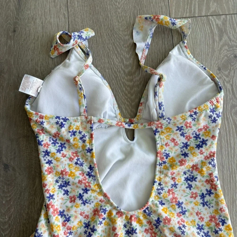 Shade & Shore Womens Ditsy Floral Ruffle Shoulder Plunge‎ One Piece Swimsuit S